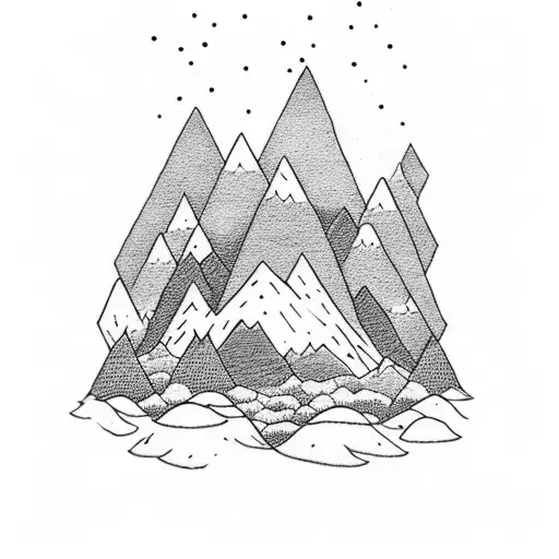 A Dotwork Tattoo Featuring A Mountain Landscape With A Gamer Charakter