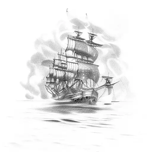 Burning 1800S Ship With Black Flags