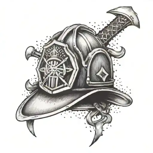 A Dotwork Tattoo Of A Firefighter's Helmet With Crossed Axes And Flames In The Background