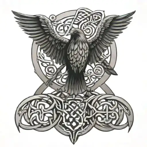 Celtic Knot Intertwined With Celtic Crow Perched On Top