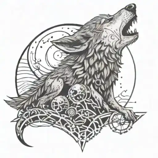 Wolf Howling At A Mechanical Moon With Dotwork Details