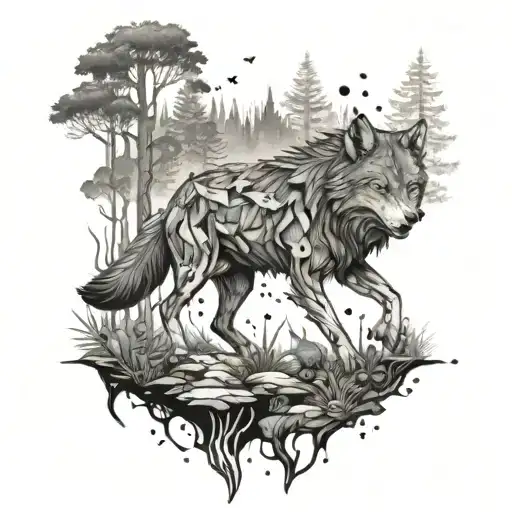 A Surreal Scene Of A Wolf Walking Through A Forest Filled With Anime-inspired Creatures