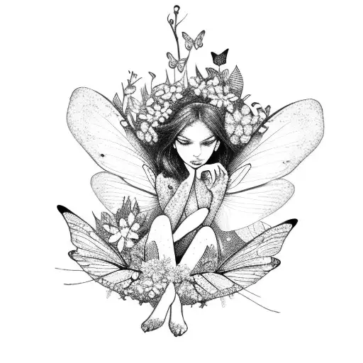 A Fairy Sitting On A Blooming Flower Surrounded By Butterflies