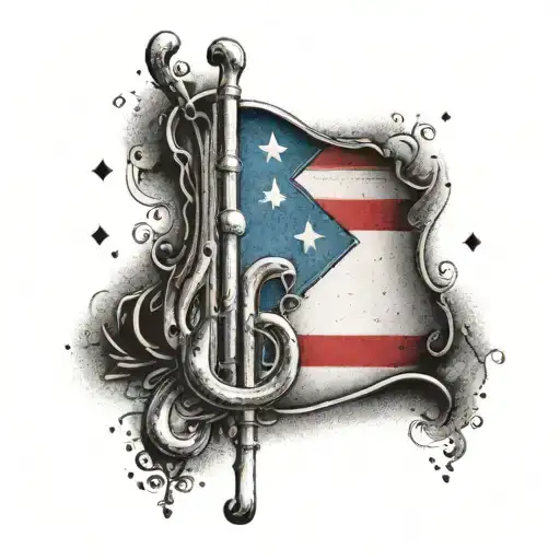 A Dotwork Tattoo Of A Puerto Rican Flag With Animal Paw Prints Leading To A Musical Staff