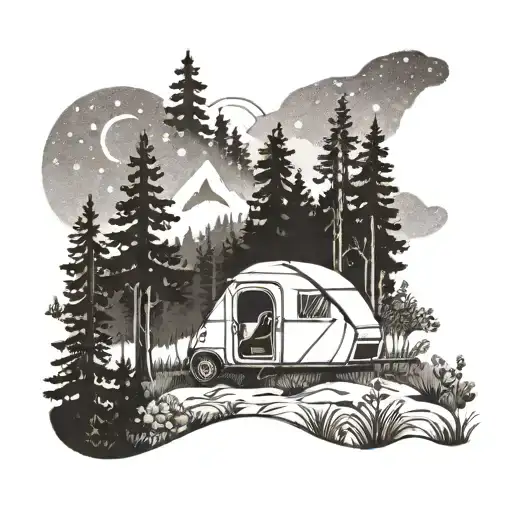 A Dotwork Tattoo Of A Camping Scene In A Meadow With A Forest Backdrop