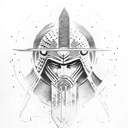 A Dotwork Tattoo Of A Spartan Warrior Holding A Banner With Ogum's Emblem
