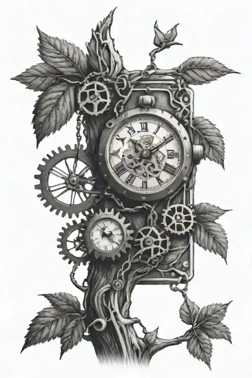 A Dotwork Tattoo Of A Watch Intertwined With Bike Gears Hanging On A Tree Midden In The Forest