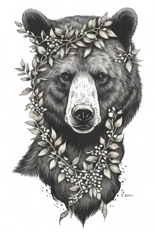 Bear Portrait With Olive Branch Underneath