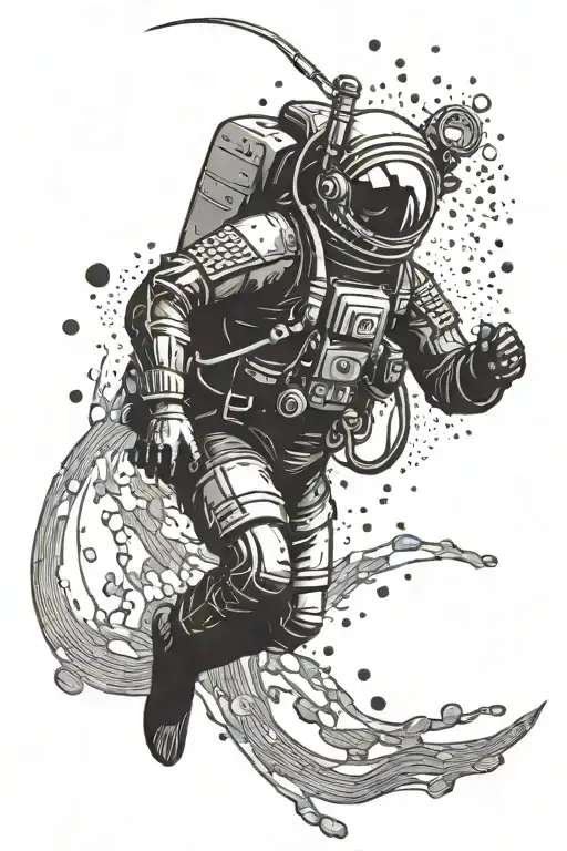 Diver Under Water With Light Rays From The Moon