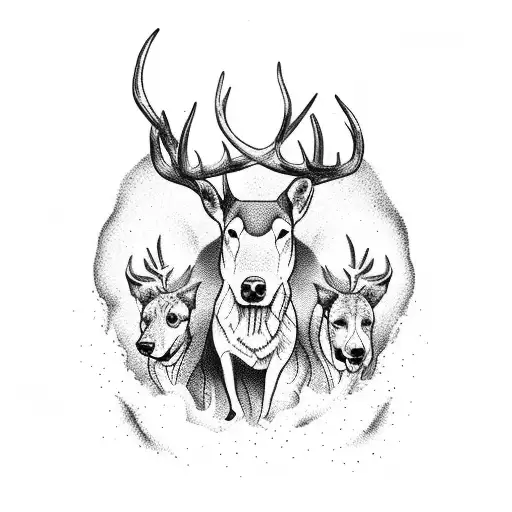 A Dotwork Tattoo Of A Hunting Party With Hounds Chasing A Stag
