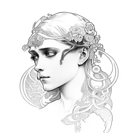 Alphonse Mucha Style Woman On Grave Stone With Name Lenore On It And Raven