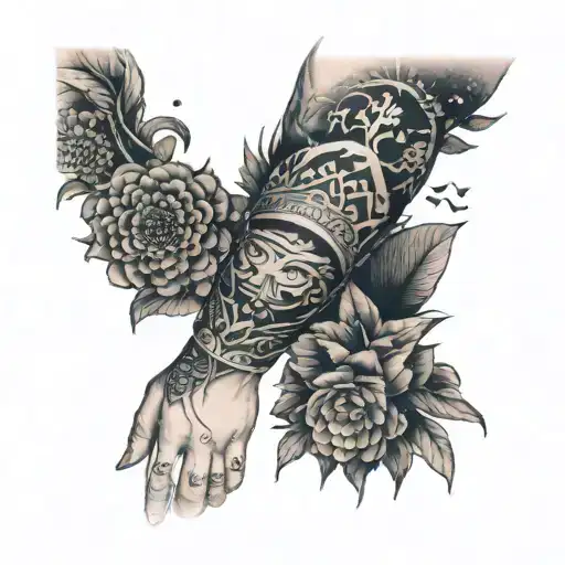 All-seeing Eye Full Arm Sleeve On The Wrist Surrounded By Plants On The Forearm A Samurai Fighting