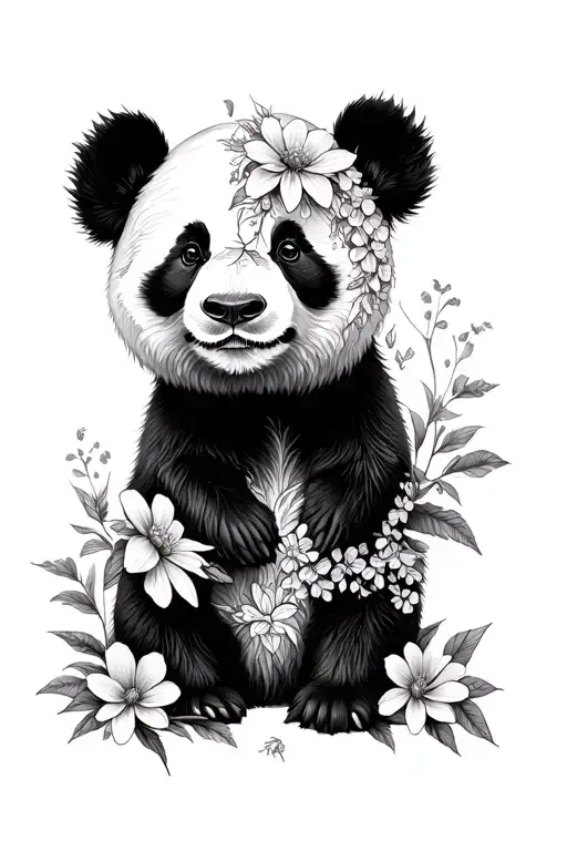 Panda With Half Face As Flowers Blooming