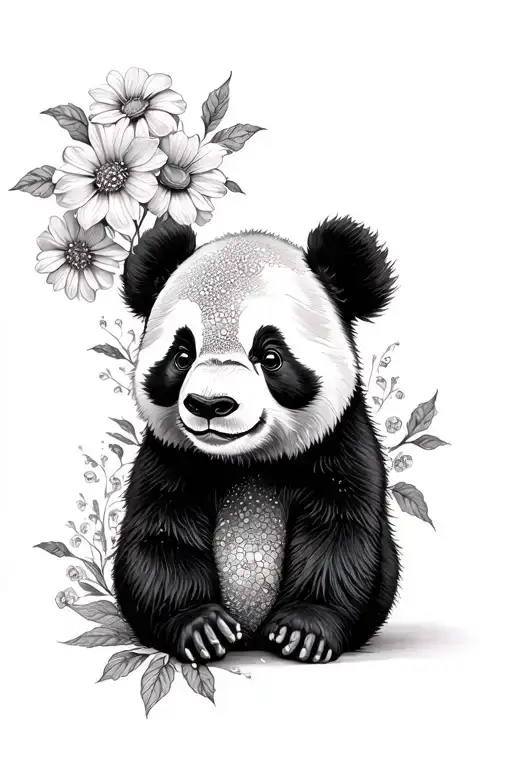 Cute Panda With Half Face As Flowers