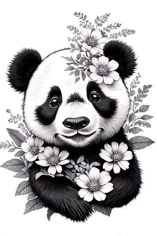 Cute Panda With Half Face As Flowers