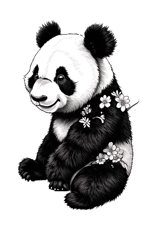 Cute Panda With Half Face As Flowers