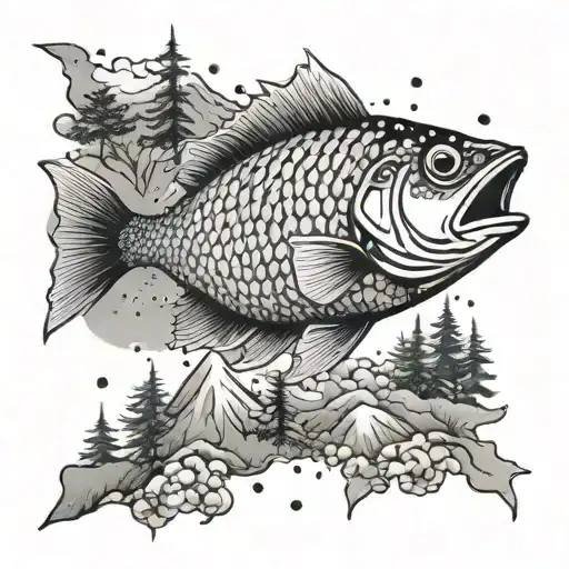 An Intricate Fish Design Incorporating Mountain Peaks And Pine Trees