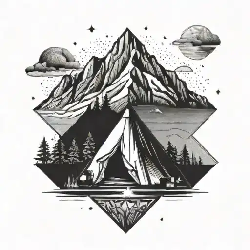 A Geometric Mountain Range With A Tent And Campfire At The Base