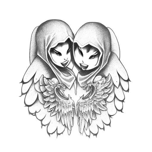 Human Like Grimm Reaper And Angel Hugging