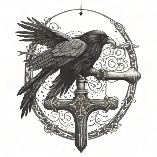 Raven On Hammer Ingraved With Runes