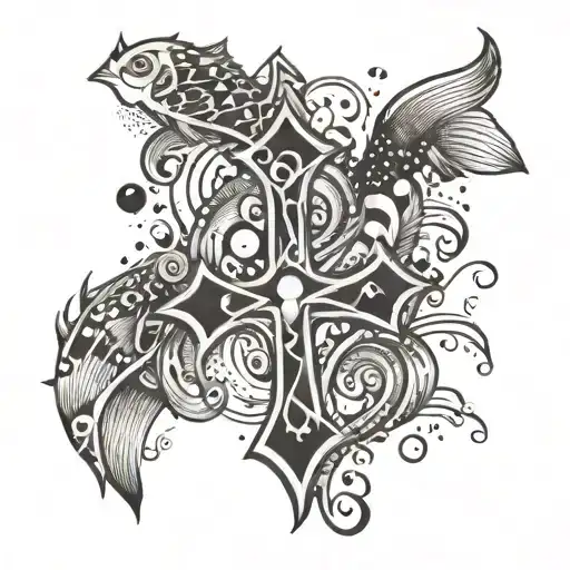 An Intricate Tattoo Of A Christian Cross Made Out Of Musical Notes And Surrounded By Cartoon Fish