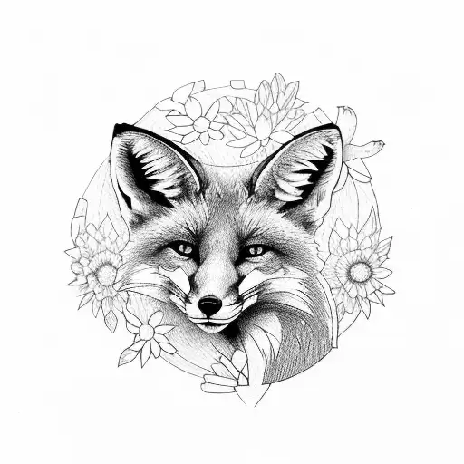 Fox In Circle With Immortelle Flowers