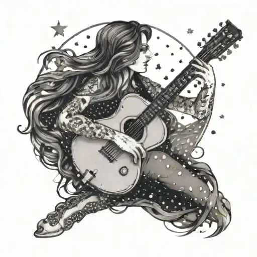 A Dotwork Design Of A Woman With Flowing Hair Playing A Guitar Under A Starry Sky