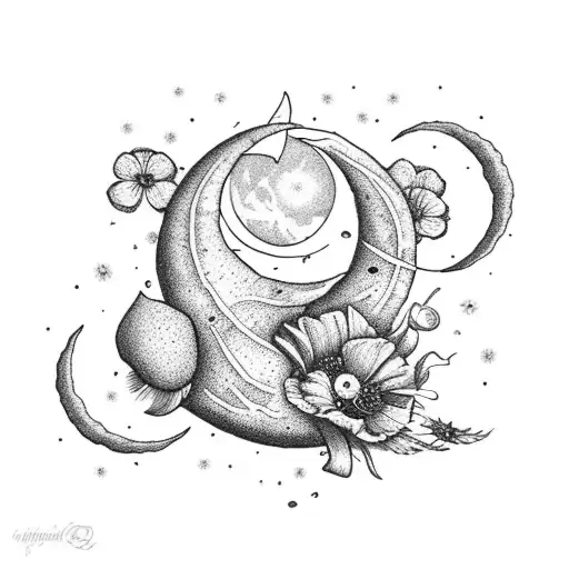 Crescent Moon With Poppy And Aster Flowers On It