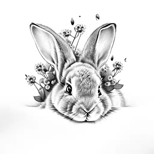 Grey Baby Bunny With White Details Around His Body And Forget Me Not Flowers Around Him