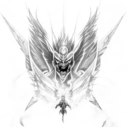 Back Tattoo Of Eren Jaeger In His Final Form As A Fused Titan With A Dragon With Outstretched Wings