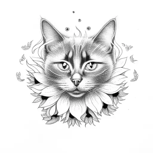 Black Cat Under Sunflowers