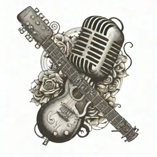 A Tattoo Of A Vintage Microphone Surrounded By Music Notes And A Guitar
