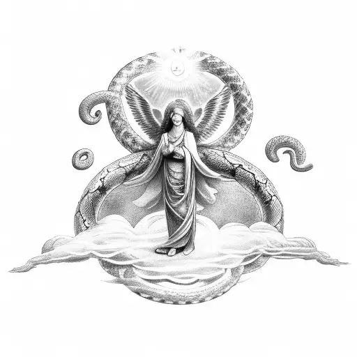 Guardian Angel In Clouds With Sun Rays Shining Through With Snakes Wrapped Around His Neck