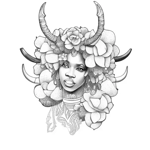 Black Woman With Capricorn Horns And Afro With Flowers And Elephants