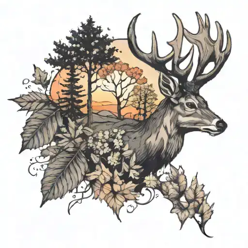 Deer In Tricep With Maple Leaves And Trees Colors Sunset