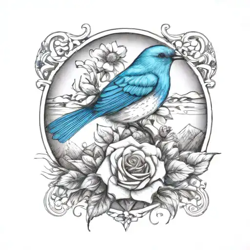 Mountain Blue Bird And Wild Prairie Rose Intertwined