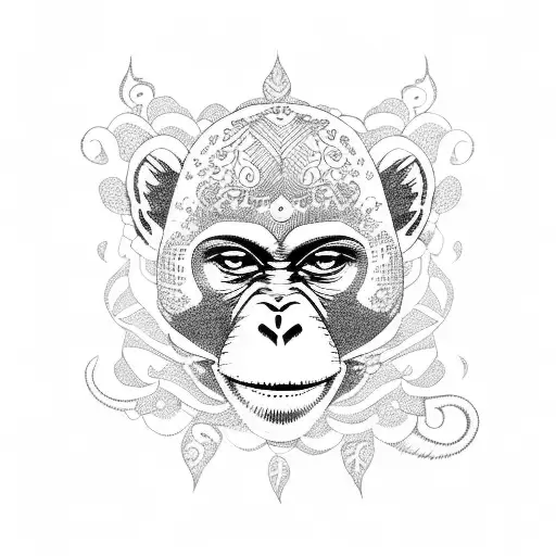 A Dotwork Tattoo Of A Monkey Playing A Traditional Eastern Instrument In A Lush Jungle