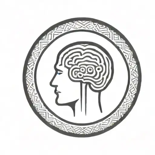 A Brain Inside A Simple Thick Black Line Circular Frame With Geometric Patterns Shooting From It