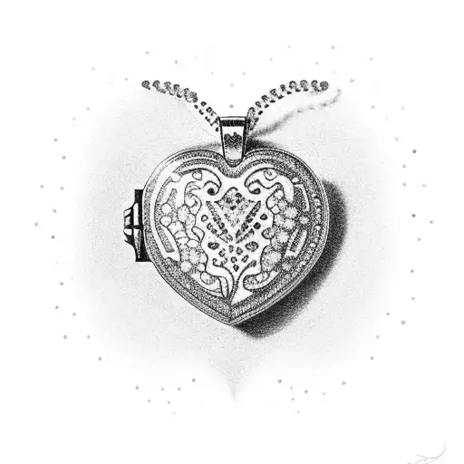 A Dotwork Tattoo Of A Sparkling Diamond Encased In A Heart-shaped Gold Locket