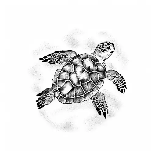 Sea Turtle With Babies Following On Waves