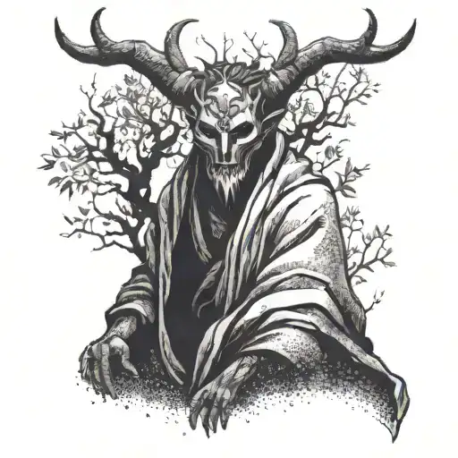 Demon In A Chania Mask In A Robe Sitting On A Tree