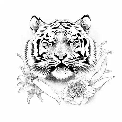 A Full Body Tiger Surrounded By Oriental Lilies And Minimalistic Flowers