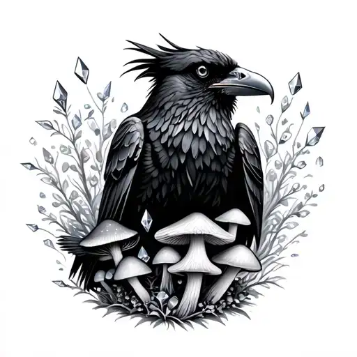 Black Raven With Mushrooms And Crystals