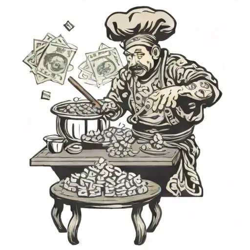 A Hibachi Chef Cooking At A Casino Table Surrounded By Money And Gambling Symbols