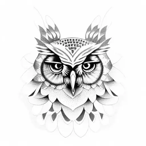 A Dotwork Tattoo Of Athena With An Owl Perched On Her Shoulder