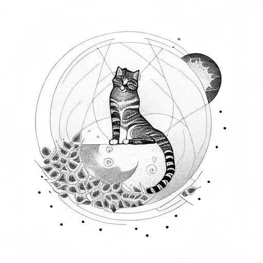 A Minimalist Dotwork Tattoo Of A Cat Gazing At The Moon