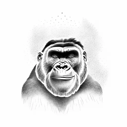 A Dotwork Tattoo Of A Gorilla Sitting Peacefully Under The Shade Of A Baobab Tree