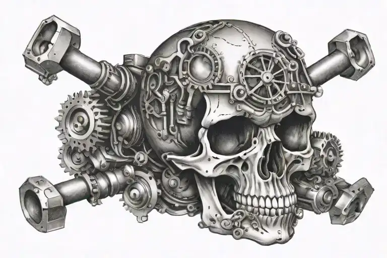 A Tattoo Of A Skull With Car Engine Parts Incorporated Into The Design