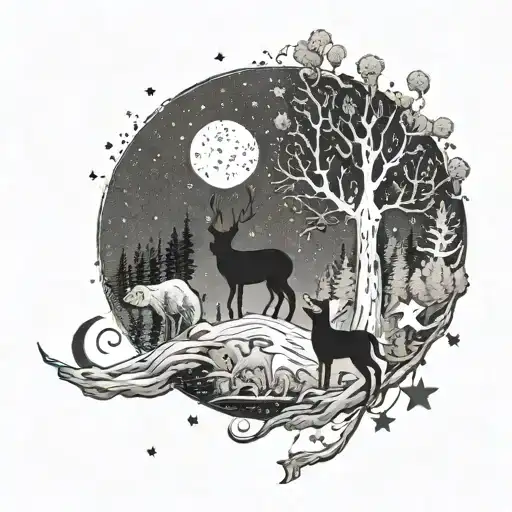 Moon And Stars Night Forest Animals Looking Up