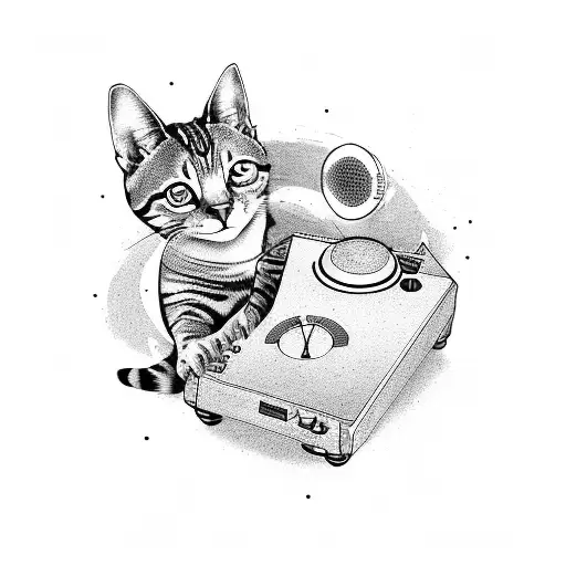 A Tattoo Design Of A Cat Dj Mixing Records With A Sci-fi Background